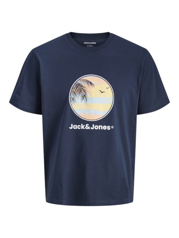 ΜΠΛΟΥΖΑ t-shirt-ΛΑΙΜΟΚΟΨΗ ΣΤΑΜΠΑ ΥΠΕΡΜΕΓΕΘΟΣ-jack and jones-χρωμα ΜΠΛΕ